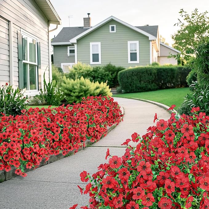 12 Pcs Artificial Flowers for Outdoors Decorations, Red | Lifelike silk flowers, UV resistant, faux plastic plants, for garden porch window table vase home indoor outdoor decor