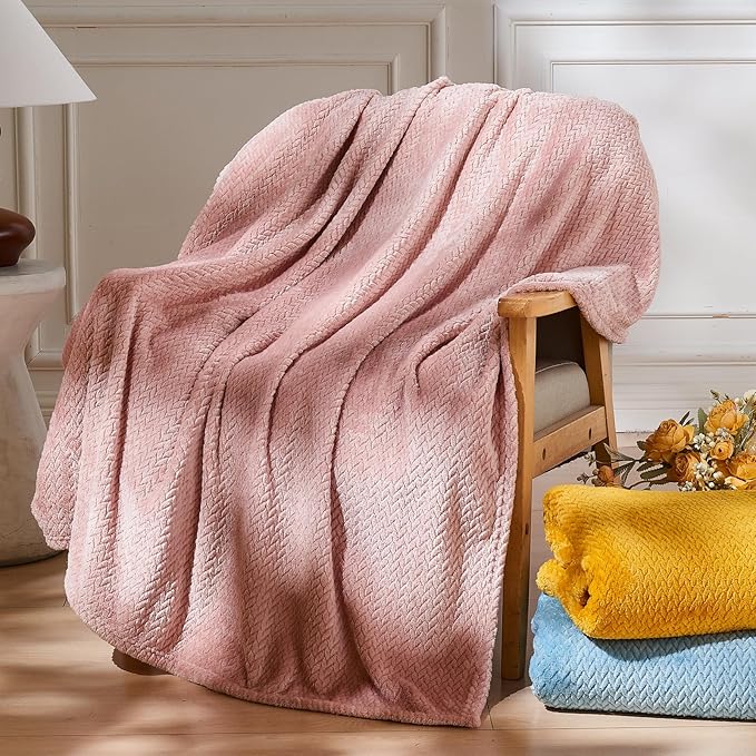 NEWCOSPLAY Fleece Leaves Pattern Queen Blanket, Dusty Pink, 90"x90" | Super Soft Throw Blanket, Lightweight Cozy Bed Sofa Blanket, Premium Silky Flannel Fleece, Travel Blanket for All Season Use