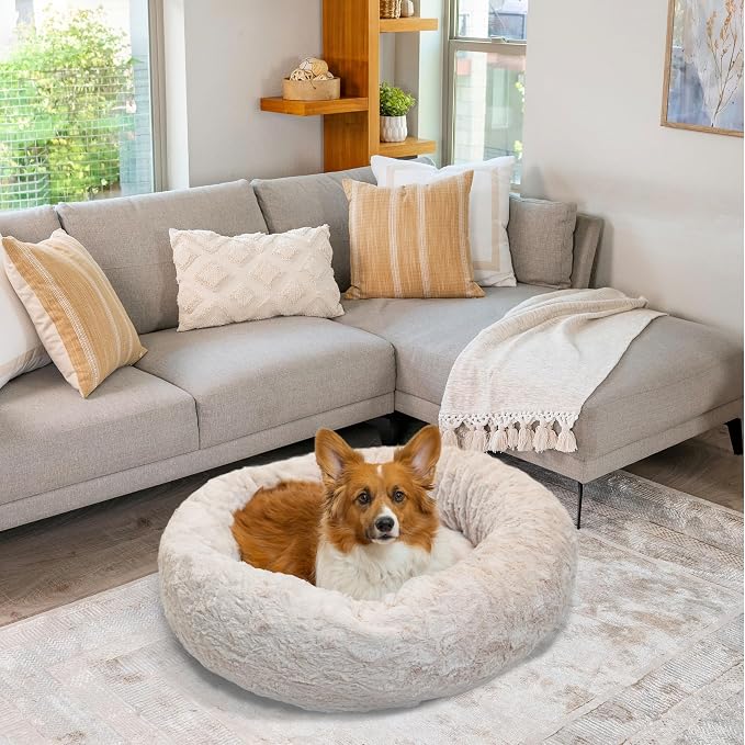 Best Friends by Sheri Original Calming Donut Dog Bed, Oyster, Medium, 30" | Machine-Washable Cover, Lux Faux Fur, Orthopedic Support, Sense of Security, Water-Resistant Base, Medium Dogs Up to 45 lbs