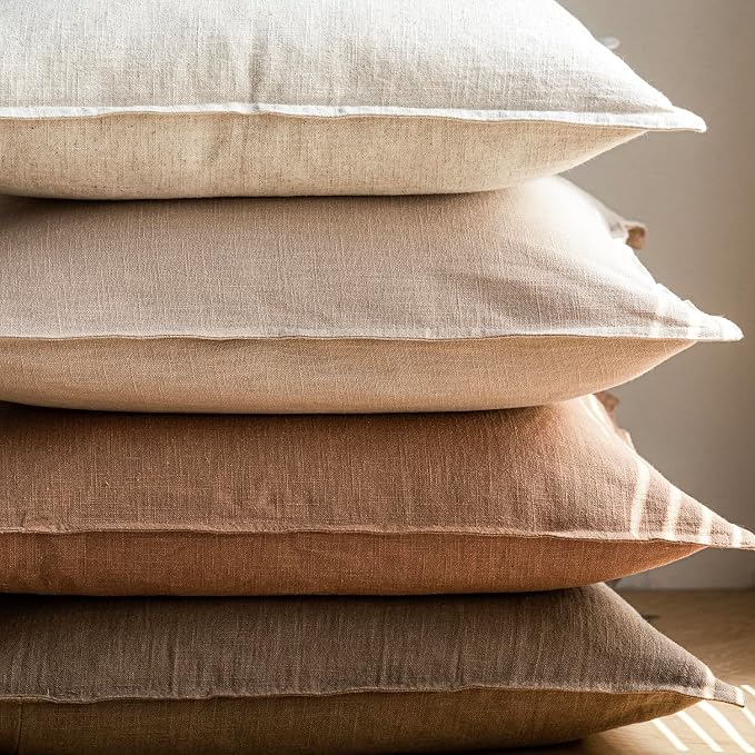 Foindtower Pack of 2, Decorative Linen Solid Throw Pillow Covers Soft Accent Cushion Case Boho Farmhouse Pillowcase for Chair Couch Sofa Bedroom Living Room Home Decor 22 x 22 Inch Light Khaki Brown