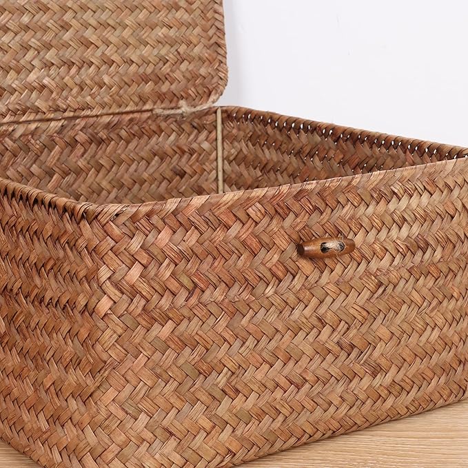 Moosky Wicker Shelf Baskets with Lid, Handwoven Seagrass Storage Basket Bins Square Gift Boxes for Shelves Home Decor Organizer (Coffee, X-Small)