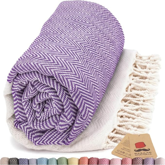 Bazaar Anatolia Turkish Beach Towel 100% Cotton Bath Towels 71x39 Quick Dry Sand Free Lightweight Large Oversized Herringbone Purple