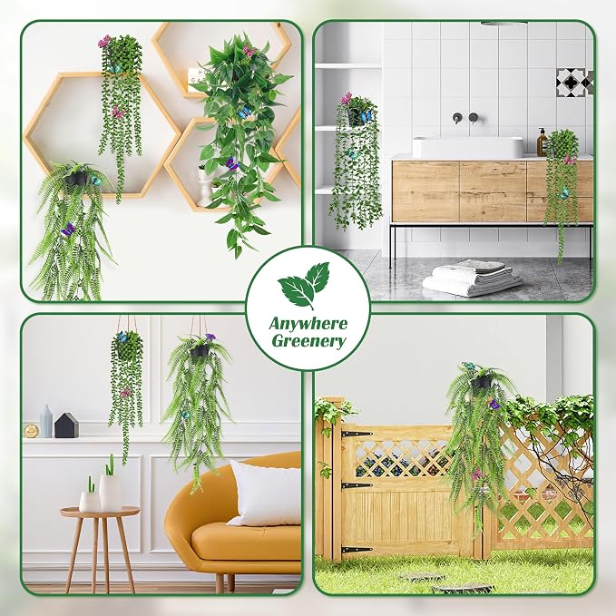 Der Rose 4 Pcs Fake Hanging Plants with Butterflies for Shelf Wall Decor | Artificial Eucalyptus Ivy Vines Faux Potted Hanging Plants Indoor for Bathroom Kitchen Office Wall Shelf Outdoor Decor