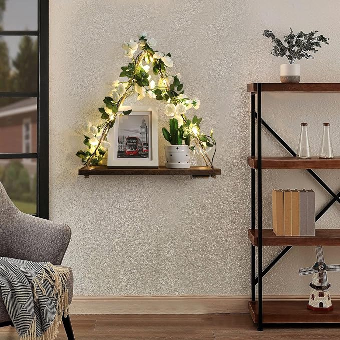 Wall Shelves, Floating Shelves No Drill, Command Shelf, Wall Decor | 2-Pack Hanging Shelves,Renter Friendly Shelves,Trinket Shelf,Room Decor,Comes with Artificial White Rose and LED Strip Lights