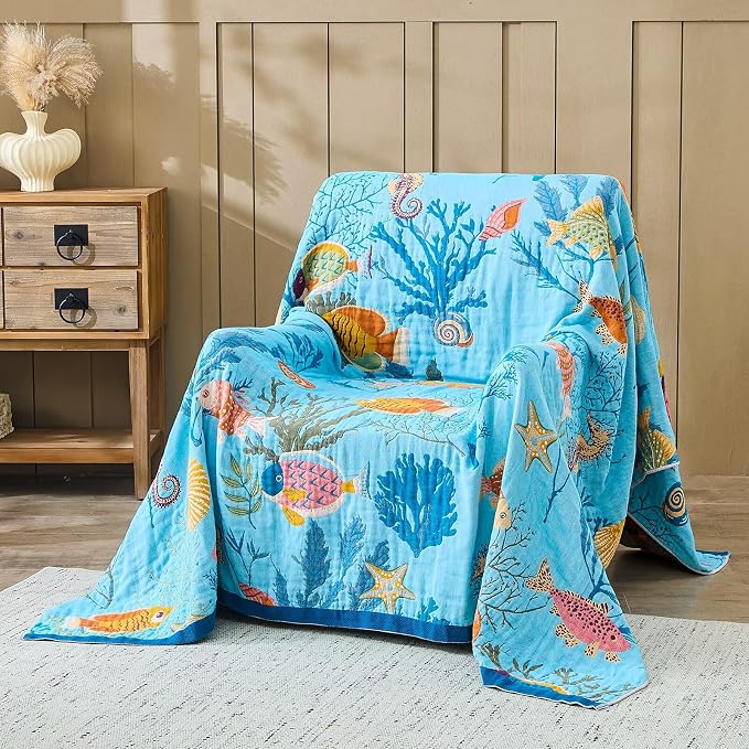 XIBLC Boho Throw Blanket 100% Cotton Vintage Blanket Muslin Woven Flower Decorative Throw Blankets All Season Bohemian Rustic Farmhouse Decor Quilt for Bed (Blue 60"x80")