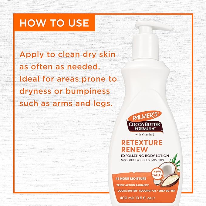 Palmer's Cocoa Butter Formula Retexture & Renew Exfoliating Body Lotion for Rough & Bumpy Skin, Triple Action Moisturizers + AHAs, Pump Bottle, 13.5 Ounce (Pack of 2)
