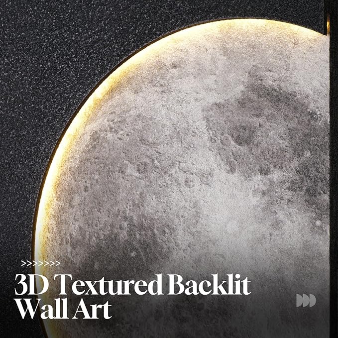 Large 3D LED Moon Wall Art, Modern Minimalist Backlit Lighted Lunar Artwork for Walls, Vertical Contemporary Black Textured Paintings for Living Room Bedroom Dining Room Hallway Entryway Wall Decor 24x36 In