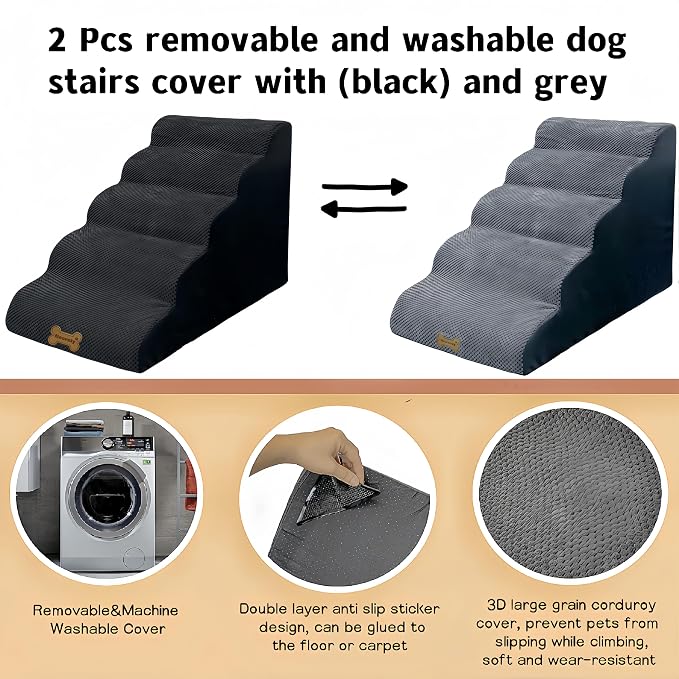 Dog Stairs & Pet Ramp for Small/Large Dogs to High Beds/Couches - 5 Steps 24-inch Height for 18-30 inch Furniture, 2 Washable Covers (Black, Grey), Non-Slip Balanced 33D Design for Old Dogs & Cats