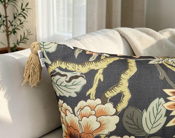 Chinoiserie Peony Floral 20x20 Throw Pillow Cover, Charcoal | Cream and rust peony floral on charcoal slub, tan tassel corners; both sides printed; hi; cover only