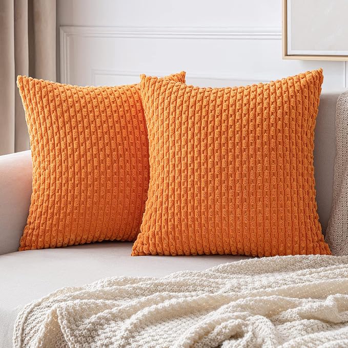 MIULEE Fall Decorative Throw Pillow Covers 20x20 Orange Textured Corduroy | Pack of 2 Striped Pillow Covers Modern Farmhouse Autumn Home Decor for Couch Bed Sofa Living Room