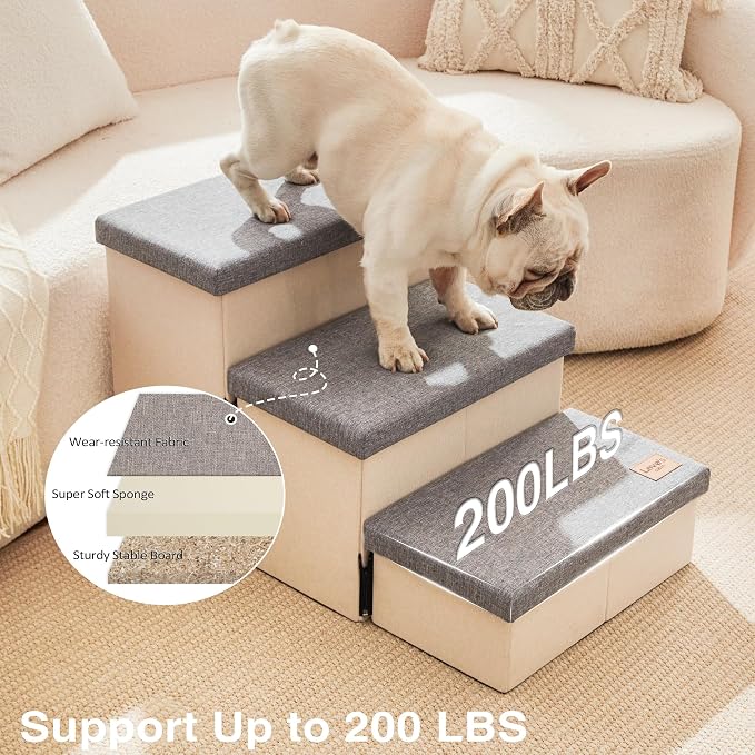 Love's cabin Dog Stairs for High Bed, Foldable Pet Stairs for Small Medium or Large Dogs Puppy with Storage for Bed or Couch, Cat Dog Steps Ramp with Zip up to 200 lbs, Light Grey, 3 Steps