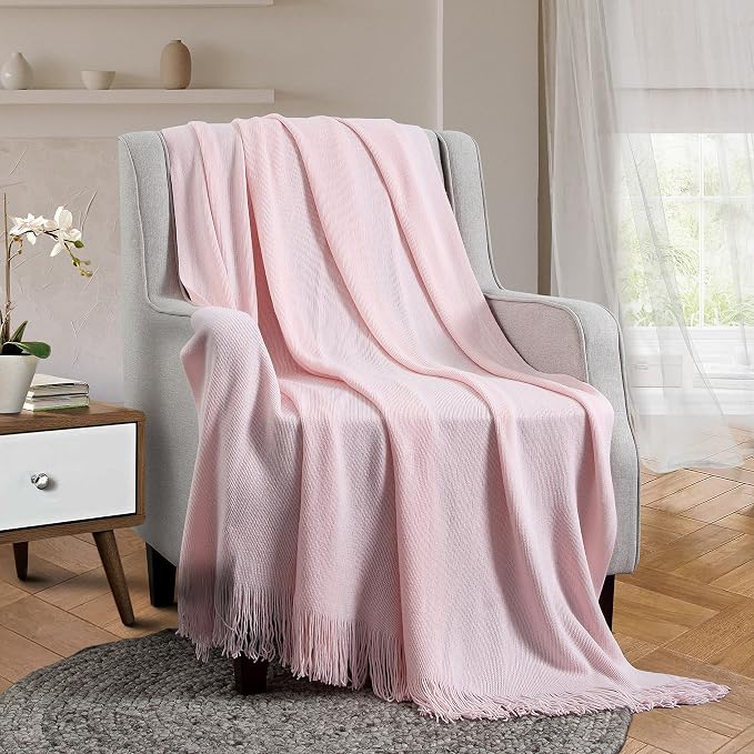 Vonty Pink Knitted Throw Blanket with Tassels Fringe, 50x60 Acrylic | Super Soft And Lightweight, Year-Round Cozy Warmth, Farmhouse Decorative Style, Machine Washable, for Couch, Sofa or Bed
