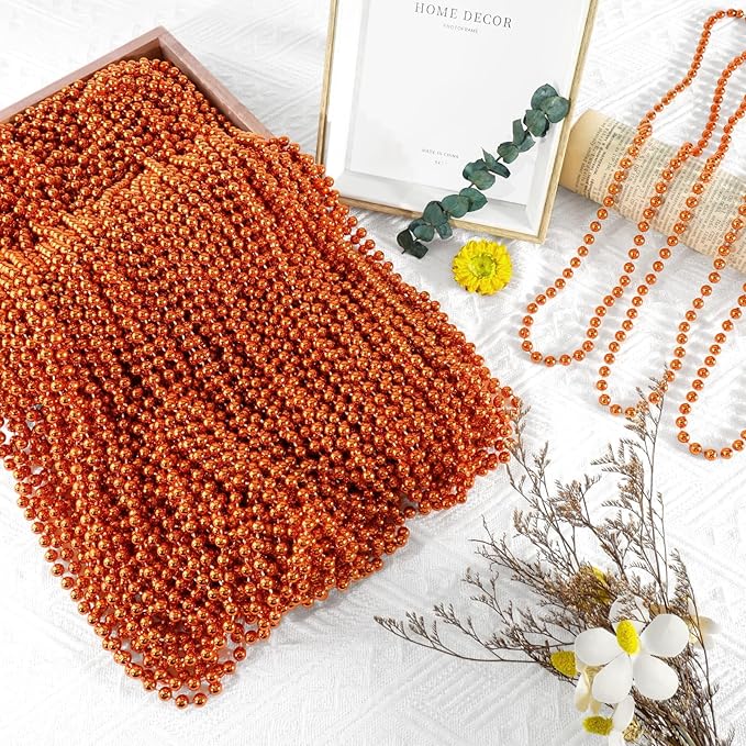 SHAOQINLIN 12 PCS Orange Bead Necklaces, Orange Mardi Gras Beads, Halloween Necklaces, 33 Inch Party Beads Necklace Round Beaded Necklace for Mardi Gras, Christmas, Halloween