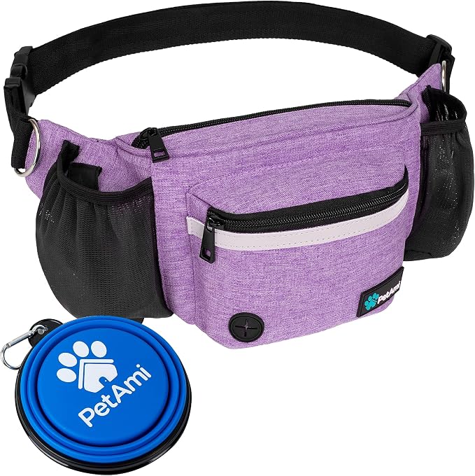 PetAmi Dog Fanny Pack, Treat Pouch for Dog Walking Training, Purple | Built in Poop Bag Dispenser, Water Bottle Holder, Collapsible Bowl, Pet Treat Waist Belt for Hiking Running Kibbles