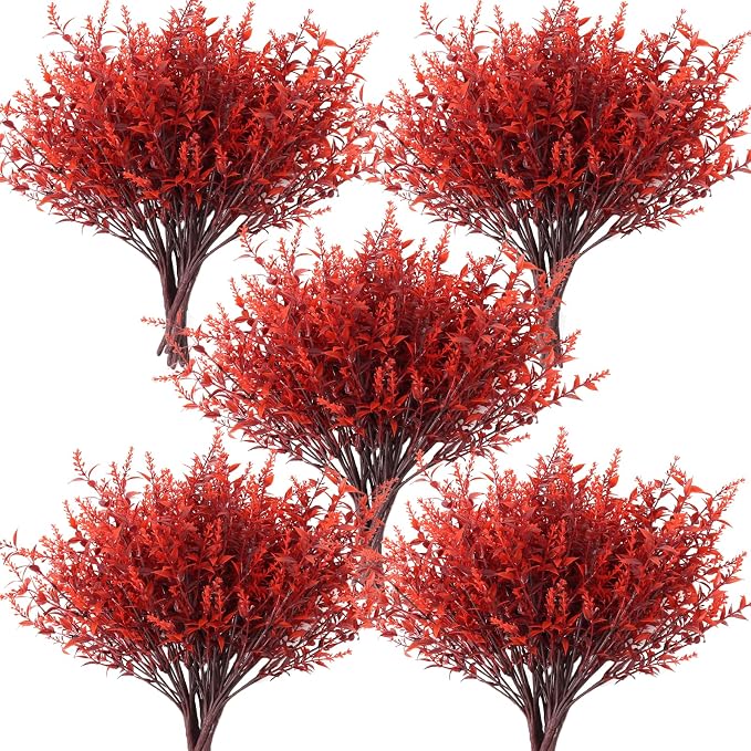 RECUTMS Artificial Fall Flowers Lavender Fake Burgundy Plants Gothic 36Pcs | Fall Decor Artificial Boxwood Plant Outdoor Faux Greenery Autumn Fake Shrub for Thanksgiving Indoor Bookshelf Yard Decoration