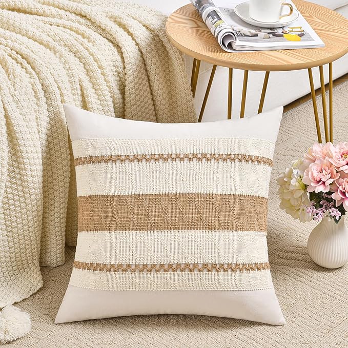 Fancy Homi Set of 2 Boho Neutral Big Decorative Throw Pillow Cover 24x24 Inch for Couch Bed Bedroom, Aesthetic Modern Organic Farmhouse Room Decor, Soft Cotton Accent Macrame Woven Tan Cushion Case