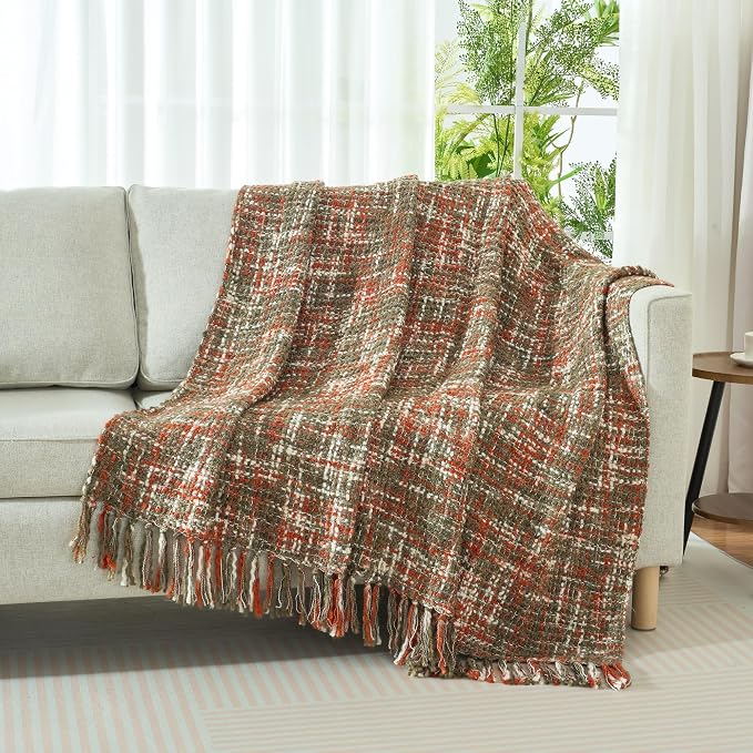 Multi-Color Cable Woven Throw Blanket for Couch - 60"X80" | Multicolored Boho Style,Super Soft Warm Cozy Chunky Blankets with Decorative Tassels for Bed and Sofa,Orange