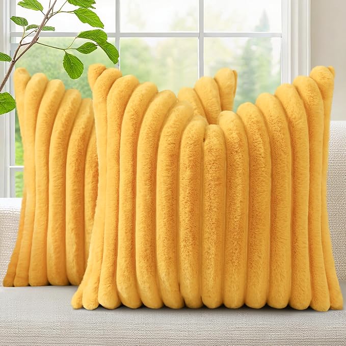 decorUhome Fall Faux Fur Throw Pillow Covers 16x16 Set of 2 Mustard Yellow | Decorative Soft Cozy Striped Plush Modern Farmhouse Boho Couch Pillow Cases Velvet Back for Sofa Bed Living Room Home Decor
