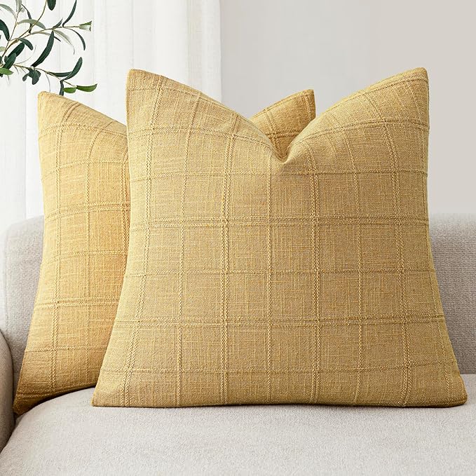 Foindtower Set of 2 Decorative Linen Check Throw Pillow Covers Neutral Farmhouse Vintage Cushion Covers Modern Boho Accent Home Decor for Sofa Chair Couch Bedroom Living Room,22×22 Inch,Amber Gold