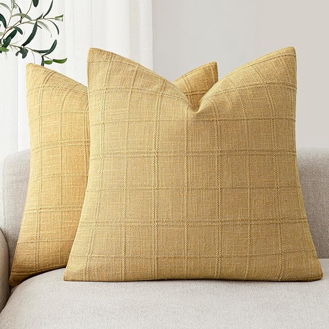 Foindtower Set of 2 Decorative Linen Check Throw Pillow Covers Neutral Farmhouse Vintage Cushion Covers Modern Boho Accent Home Decor for Sofa Chair Couch Bedroom Living Room,20×20 Inch,Amber Gold