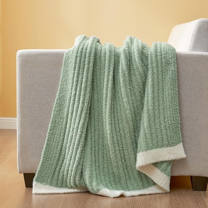 Snuggle Sac Fluffy Ribbed Sage Green Blanket Twin Size, Soft Luxurious Knit Fuzzy Microfiber Blankets for Sofa, Bed, Sage Green, 60x80 inches