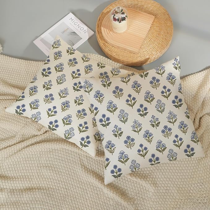 Farmhouse Floral Block Print Pillow Covers 18x18 Set of 2, Vintage Rustic Decorative Throw Pillows Modern Flower Cushion Covers for Sofa Couch Bed Living Room Home Decor, Sage Green Blue