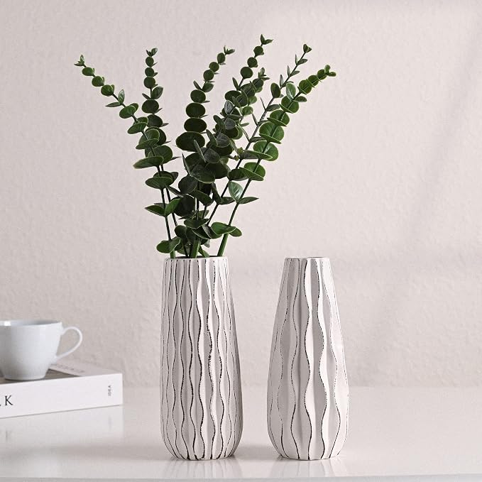 VICTOR & TERESA Ceramic Vase for Flowers, 8'' Set of 2 Decorative White Vases for Home Decor, Farmhouse Vases for Pampas Grass, Table, Mantel, Living Room, Shelf, Centerpieces, Gifts for Mom