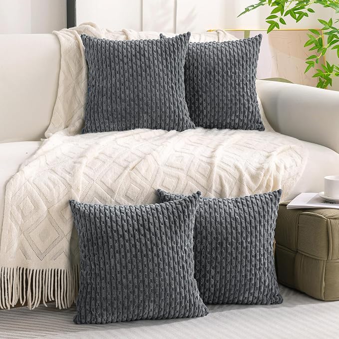 Set of 4 Medium Grey Decorative Throw Pillow Covers 18x18 Inch Corduroy Pillow Covers for Bed Couch Sofa Living Room Soft Square Cushion Cases