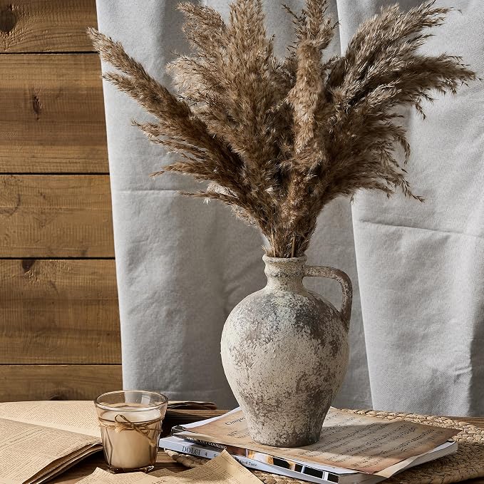PORCER Antique Ceramic Vase, 8.3 Inch Terracotta Vase with Handle, Tuscan Decor Decorative Vase, Rustic Vase for Home Decor, Farmhouse, Living Room, Floor, Wedding, Christmas- Gray