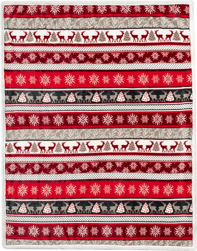 PAVILIA Christmas Sherpa Throw Blanket, Red & White Snowflake, Reindeer, Reversible Fleece & Sherpa Cozy Winter Blanket for Couch & Bed, 50x60, Christmas & Holiday Decor