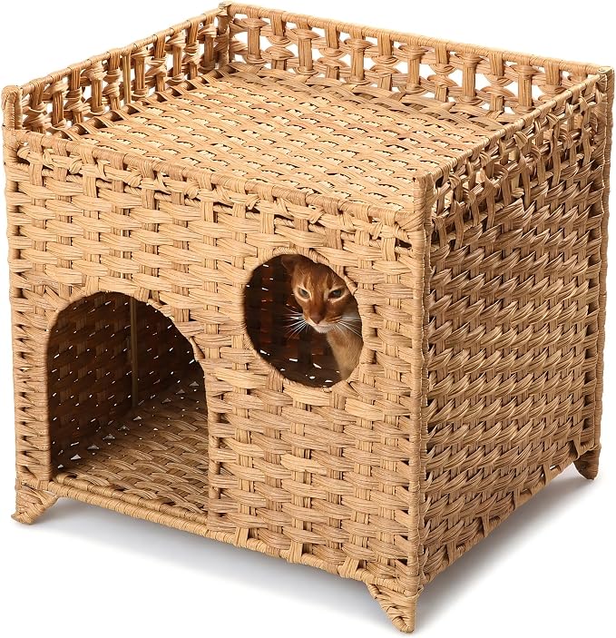 Handwoven Wicker Cat House with Peekaboo Window, for 1-2 Cats Under 20 lb | Woven wicker and raised base for airflow, cool for summer use. Natural furniture look. Rinse clean. Pop open and no assembly.