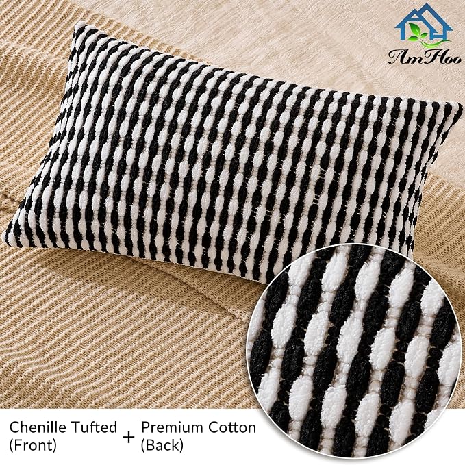 Set of 2 Boho Chenille Pillow Cover Decorative Tufted Pillowcase for Couch Bed Sofa Bedroom Living Room Modern 12 x 20-Inch Black