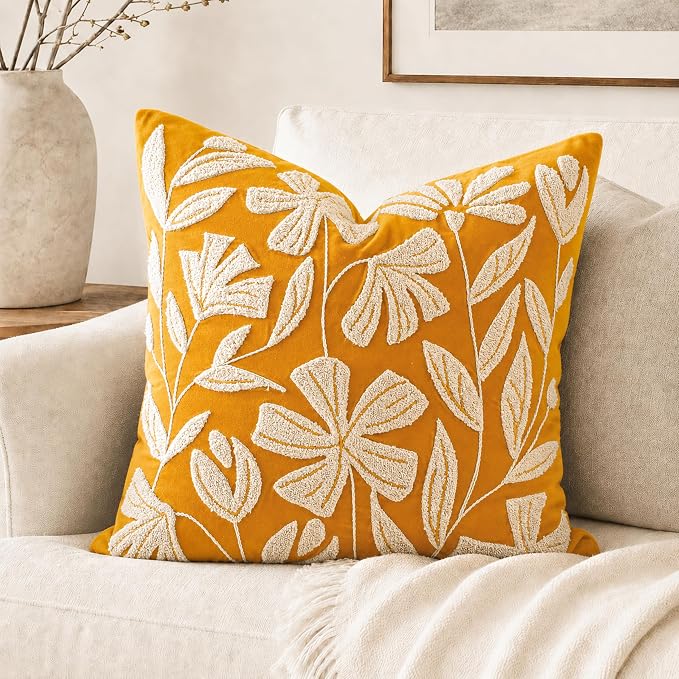 Throw Pillow Cover 20x20 Inch, Mustard Floral Tufted Velvet Decorative Accent Pillow Case for Sofa Bed Living Room, Cover Only