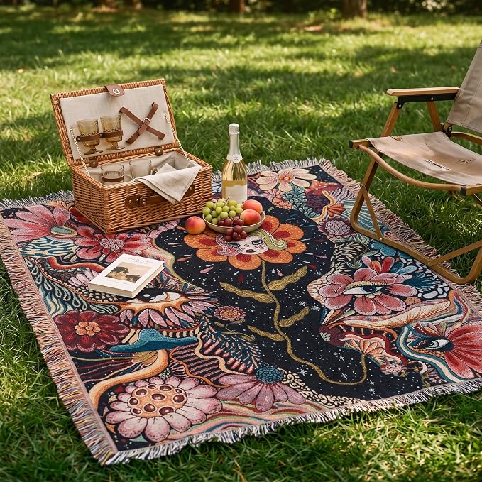 Woven Hippie Boho Throw Blanket for Couch Bed Chair Lounge Boho Room Decor Reversible Cotton Whimsical Throw Blanket Witchy Room Decor Aesthetic Throws Bed Spread Outdoor Camping Blankets 51x59 Inches
