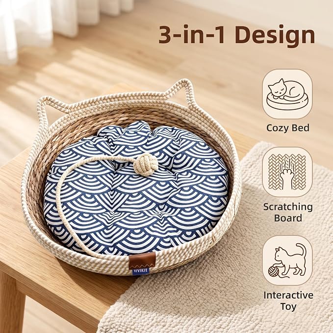 VIVIKIT Natural Cattail Cat Bed for Indoor Cats, 18.1" x 4.7" (Beige) | Naturalcattail, cotton trim, all season, scratch-proof, teaser ball, removable washable pad, for cats & dogs up to 22 lbs