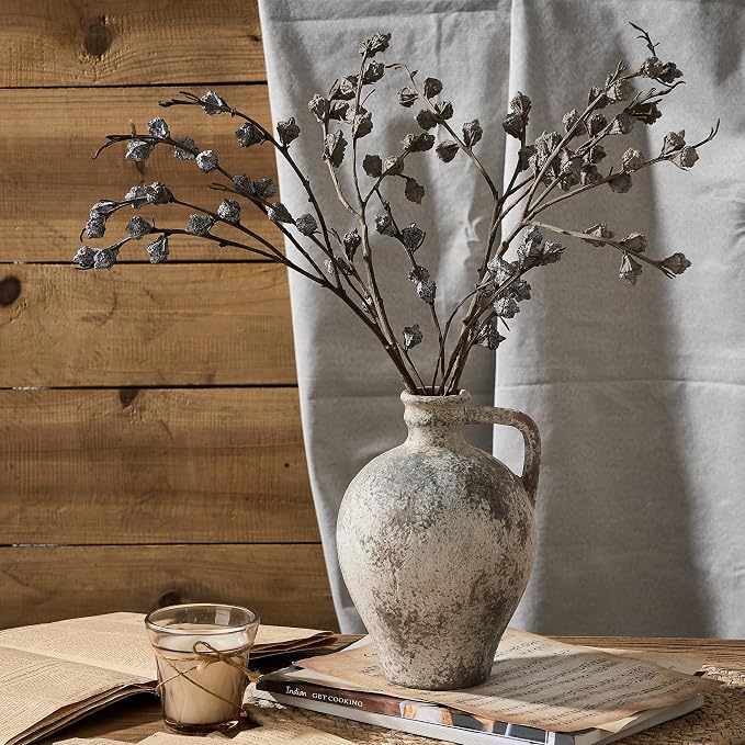 PORCER Antique Ceramic Vase, 8.3 Inch Terracotta Vase with Handle, Tuscan Decor Decorative Vase, Rustic Vase for Home Decor, Farmhouse, Living Room, Floor, Wedding, Christmas- Gray