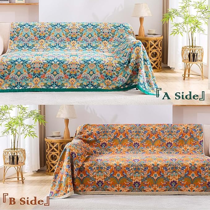 XIBLC Boho Blanket Throw Quilt, 100% Cotton Soft Light Weight Throw Blankets for Summer, 90"x98" Farmhouse Flower Decorative Blankets, All Season Rustic Reversible Bohemian Throw Quilt
