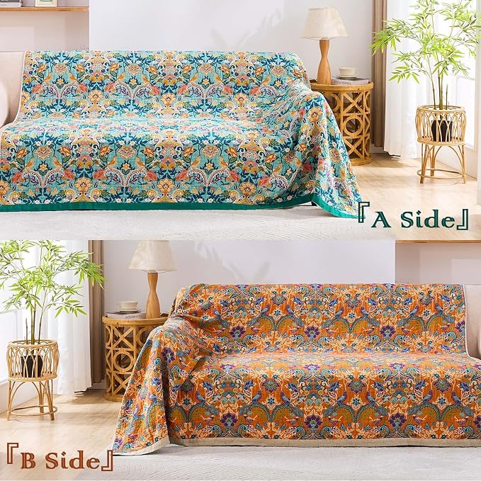 XIBLC Boho Blanket Throw Quilt, 100% Cotton Soft Light Weight Throw Blankets for Summer, 80"x90" Farmhouse Flower Decorative Blankets, All Season Rustic Reversible Bohemian Throw Quilt