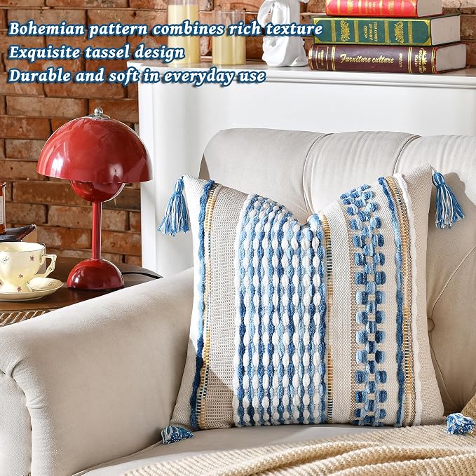 Set of 2 Chenille Striped Textured Boho Throw Pillow Covers Aesthetic with Tassels Woven Decorative Pillow Case for Couch Bed Sofa Bedroom Modern Funky 18 x 18-Inch Sky Blue