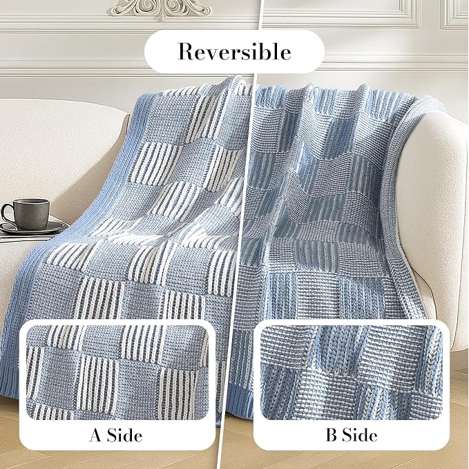 Knit Throw Blanket, Soft Chenille Cozy Breathable Dual Tone Checkered Chunky Decorative Blanket for Couch, Bed & Sofa, French Lightweight Warm Gift for Women, Washed Blue, 50"x60"