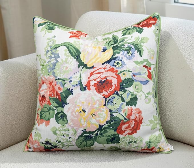 Vintage Rose Floral Print 20x20 Throw Pillow Cover | Coral and pink rose bouquet on off-white slub, green piping; both sides printed; hidden; cover only