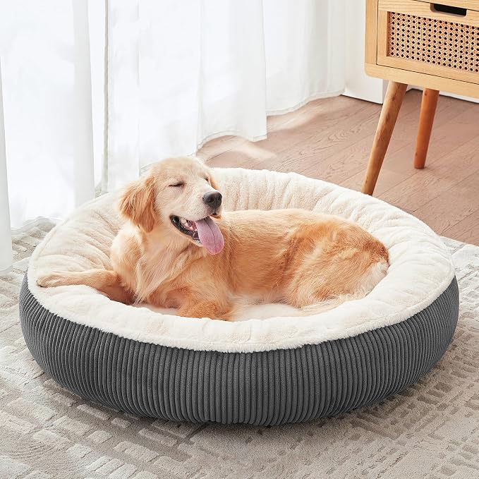 36 inches Calming Donut Dog Bed for Large Dogs,Dark Grey | Round Pet Bed with Removable&Washable Cover,Plush Faux Fur & Corduroy, Fits Pets up to 80 lbs