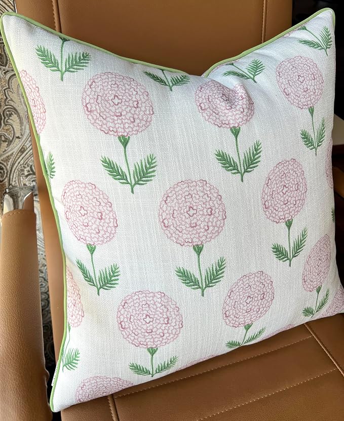 Marigold Floral Print 20x20 Throw Pillow Cover, Pink | Pink marigold floral on white slub, green piping; both sides printed; hidden zip; cover only