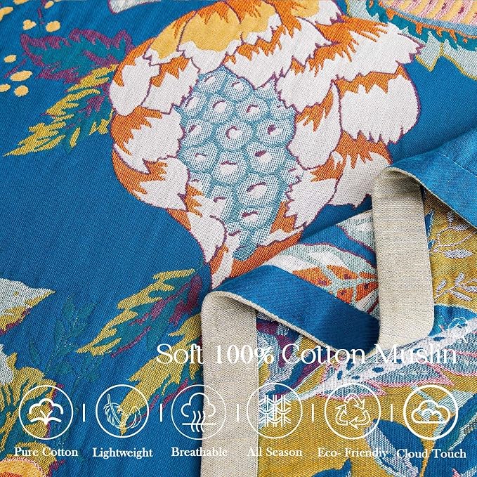 XIBLC Boho Throw Blanket, Blue Lightweight Blankets for Summer, 100% Cotton Bohemian Decorative Throw Blanket, 50"x60" Reversible Muslin Breathable Woven Farmhouse Blankets Quilt,