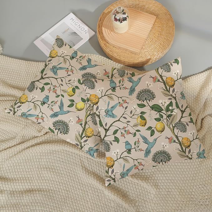 Chinoiserie Pillow Covers 16x16 Set of 2 Blue Green Bird Floral Throw Pillows Vintage Yellow Lemon Flowers Decorations Pillowcase Outdoor Chinoiserie Decor Linen Cushion Case for Couch Home