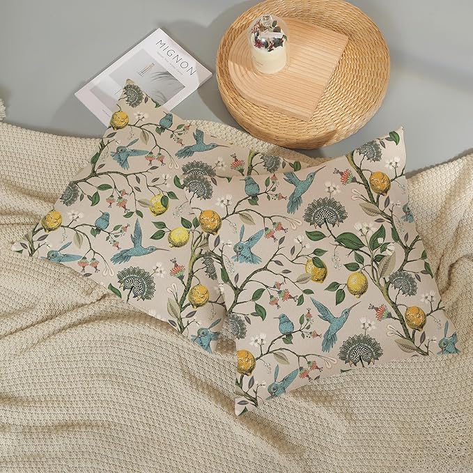 Chinoiserie Pillow Covers 20x20 Set of 2 Blue Green Bird Floral Throw Pillows Vintage Yellow Lemon Flowers Decorations Pillowcase Outdoor Chinoiserie Decor Linen Cushion Case for Couch Home