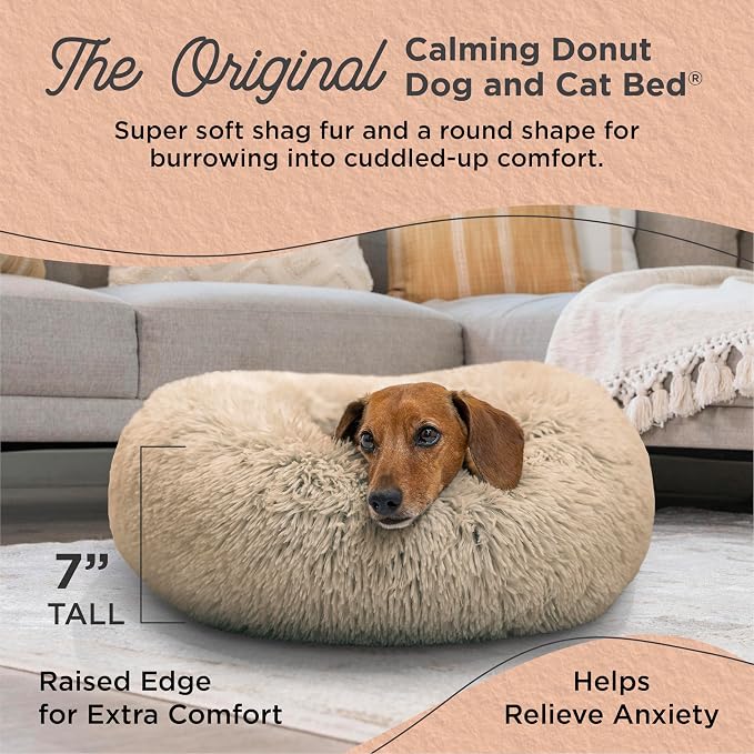 Best Friends by Sheri Original Calming Donut Dog Bed, Taupe, Small, 23" | Machine Washable, Shag Faux Fur, Orthopedic Support, Sense of Security, Water-Resistant Base, Small Dogs Up to 25 lbs