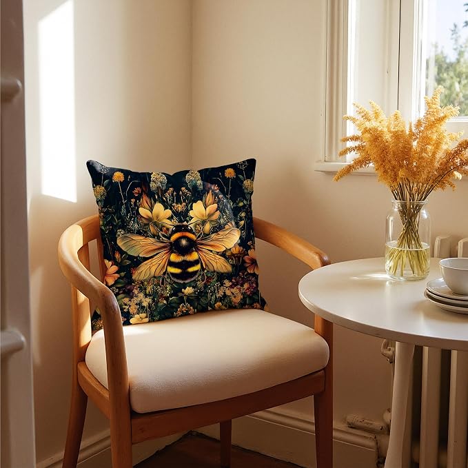 Vintage Moody Floral Bumblebee Pillow Covers 18x18, Moody Dark Cottagecore Botanical Wildflower Bee Decorative Throw Pillow Covers for Home Bedroom Living Room, Bee Decorations for Home