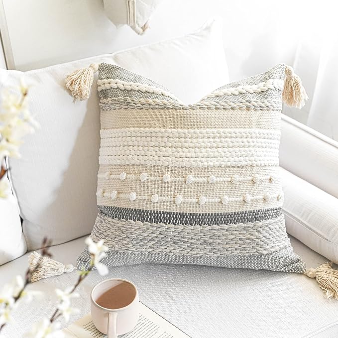 Gray Boho Throw Pillow Cover 18x18 Grey Decorative Accent Pillow for Couch Square Woven Textured Pillowcase Modern Farmhouse Pillow for Bed Bohemian Pillow Cover (Pack of 1)