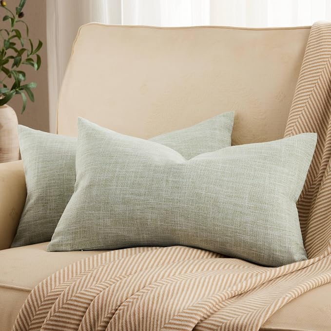 Rustic Linen Lumbar Pillow Covers Set of 2, Green 12x20in | Textured Pillow Case, Rustic Cotton Linen Fabric, Modern Farmhouse Cushion Covers for Sofa Bed Living Room Home Decor